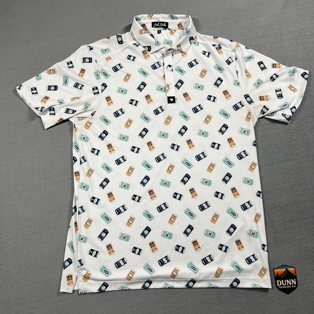 Bad Birdie Polo Mens M White Performance Beer Can Golf Short Sleeve Stretch
